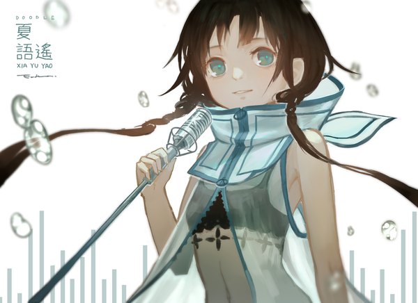 Anime picture 2031x1476 with utau xia yu yao echosdoodle single long hair looking at viewer blush fringe highres simple background brown hair white background bare shoulders signed braid (braids) aqua eyes light smile open clothes character names twin braids