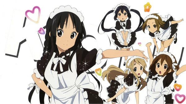 Anime picture 1920x1080 with k-on! kyoto animation akiyama mio hirasawa yui nakano azusa kotobuki tsumugi tainaka ritsu long hair looking at viewer blush fringe highres short hair open mouth black hair blonde hair simple background smile hair between eyes brown hair