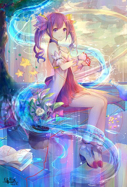 Anime picture 677x1000 with elsword aisha landar bai qi-qsr single long hair tall image looking at viewer smile sitting twintails bare shoulders pink hair pink eyes girl dress gloves flower (flowers) ribbon (ribbons) plant (plants) tree (trees)