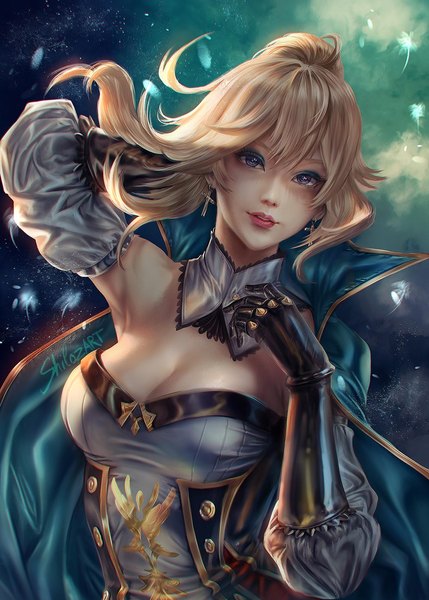 Anime picture 1000x1400 with genshin impact jean gunnhildr shilozart single long hair tall image looking at viewer fringe breasts blue eyes light erotic blonde hair signed cleavage upper body ponytail parted lips arm up realistic floating hair