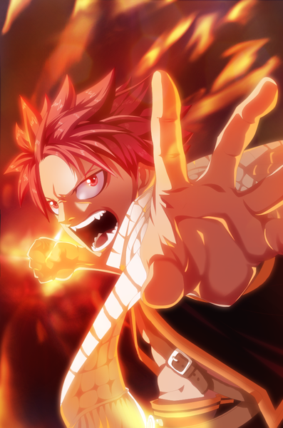 Anime picture 727x1098 with fairy tail natsu dragneel afran67 single tall image short hair open mouth red eyes pink hair sleeveless coloring magic angry screaming boy scarf fire fist