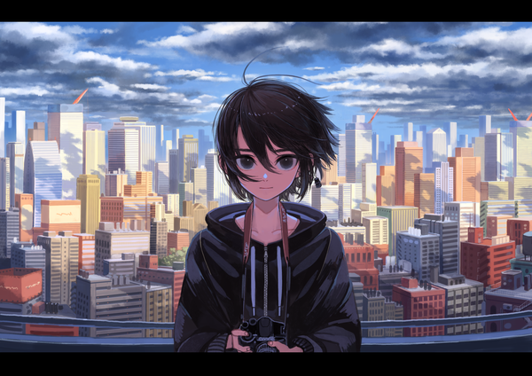 Anime picture 2047x1447 with original kaneni single looking at viewer fringe highres short hair black hair hair between eyes holding sky cloud (clouds) upper body ahoge outdoors wind black eyes city letterboxed cityscape