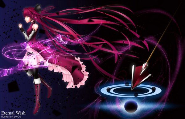 Anime picture 3000x1929 with mahou shoujo madoka magica shaft (studio) sakura kyouko oki (koi0koi) single long hair highres red eyes red hair profile girl thighhighs dress gloves weapon black thighhighs elbow gloves boots