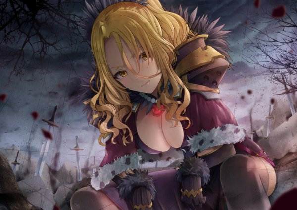 Anime picture 1351x955 with princess connect! re:dive princess connect! christina (princess connect!) inuno pesu single long hair looking at viewer blush fringe breasts light erotic blonde hair hair between eyes large breasts sitting yellow eyes payot sky cleavage cloud (clouds)