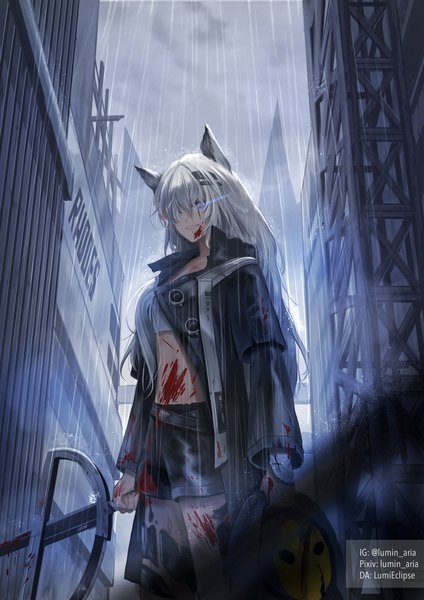 Anime picture 3508x4960 with arknights lappland (arknights) reunion soldier (arknights) lumin aria single long hair tall image fringe highres blue eyes smile standing signed animal ears absurdres silver hair outdoors hair over one eye glowing rain