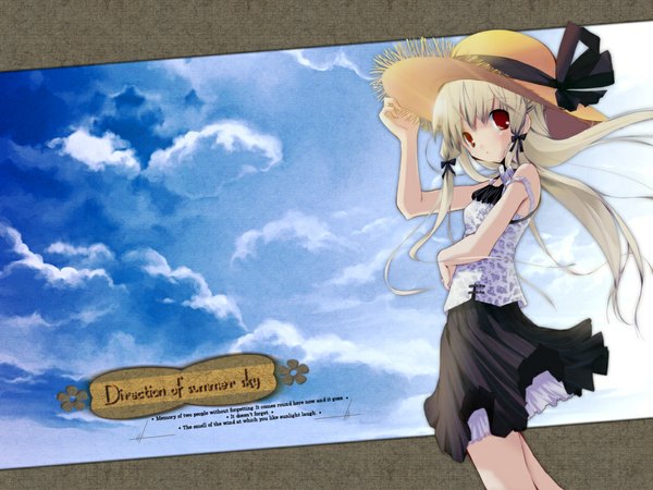 Anime picture 1024x768 with long hair brown hair sky cloud (clouds) skirt ribbon (ribbons) hat straw hat