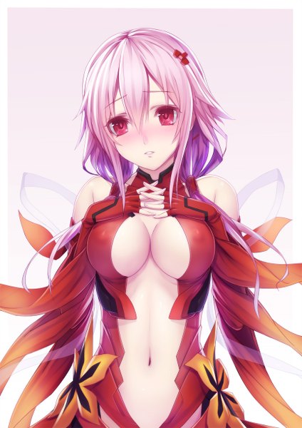 Anime picture 868x1228 with guilty crown production i.g yuzuriha inori pen (steelleets) single long hair tall image blush breasts light erotic simple background red eyes white background bare shoulders pink hair border outside border center opening interlocked fingers girl