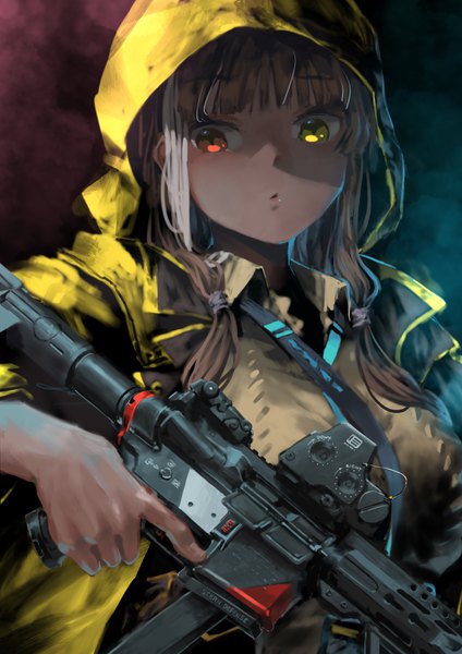 Anime picture 2480x3508 with girls frontline ro635 (girls frontline) aamond single long hair tall image looking at viewer fringe highres breasts simple background red eyes brown hair large breasts twintails holding yellow eyes upper body blunt bangs multicolored hair