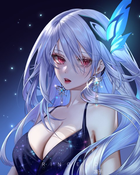 Anime picture 4000x5000 with genshin impact skirk (genshin impact) ringeko-chan single long hair tall image looking at viewer fringe highres breasts open mouth light erotic simple background hair between eyes red eyes large breasts bare shoulders signed absurdres cleavage