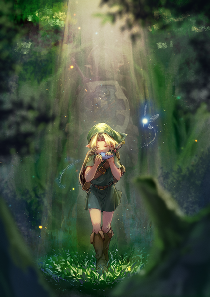 Anime picture 2121x3000 with the legend of zelda the legend of zelda: ocarina of time nintendo link navi young link eva mashiro tall image highres short hair blonde hair full body eyes closed pointy ears light playing instrument boy plant (plants) hat tree (trees)