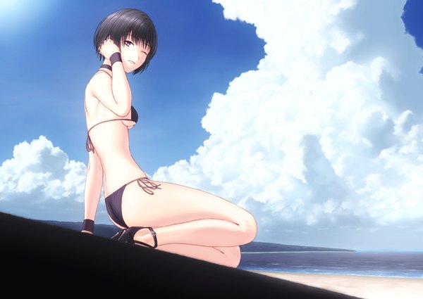 Anime picture 1200x850 with original namisi single looking at viewer short hair breasts light erotic black hair smile sitting bare shoulders sky cloud (clouds) outdoors one eye closed wink black eyes arm support from below beach