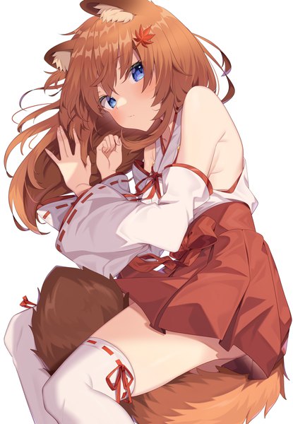 Anime picture 2977x4300 with original jun (aousa0328) single long hair tall image looking at viewer blush fringe highres blue eyes simple background brown hair white background animal ears tail lying traditional clothes japanese clothes animal tail wide sleeves
