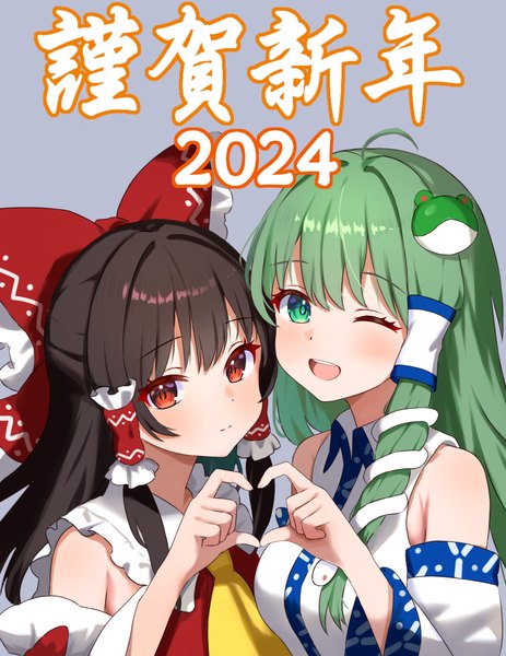Anime picture 2780x3600 with touhou hakurei reimu kochiya sanae fanteam long hair tall image looking at viewer highres open mouth simple background red eyes brown hair multiple girls green eyes traditional clothes japanese clothes one eye closed green hair grey background ;d