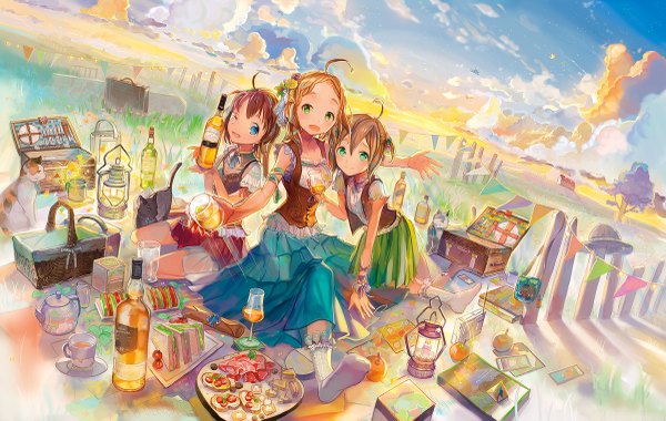 Anime picture 1200x761 with original neyagi long hair looking at viewer blush open mouth blue eyes blonde hair brown hair sitting multiple girls green eyes sky cloud (clouds) ahoge one eye closed hair flower light smile wink orange hair