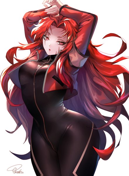 Anime picture 1000x1362 with lobotomy corporation gebura (lobotomy corporation) tajima yukie single long hair tall image looking at viewer fringe breasts light erotic simple background red eyes white background signed red hair long sleeves head tilt arms up open jacket dated