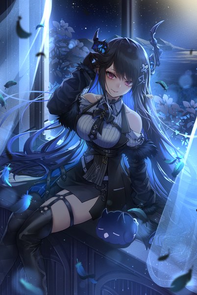 Anime picture 1875x2800 with virtual youtuber hololive hololive english nerissa ravencroft nerissa ravencroft (1st costume) jailbird (nerissa ravencroft) curry bowl single long hair tall image looking at viewer fringe highres black hair smile sitting bare shoulders blue hair indoors long sleeves
