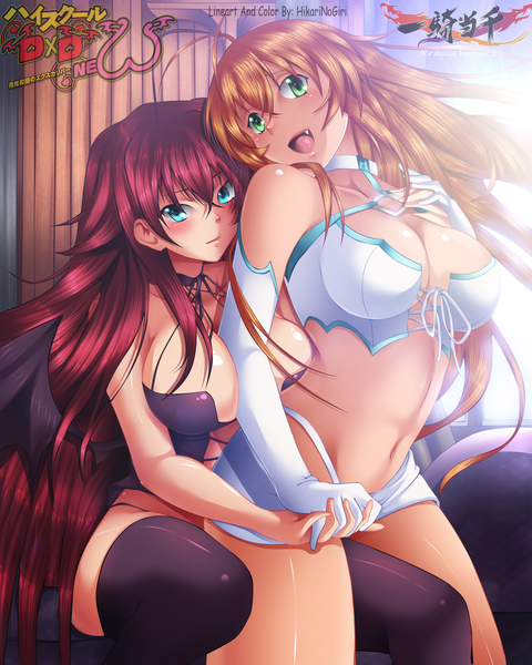Anime picture 1400x1750 with highschool dxd ikkitousen rias gremory sonsaku hakufu hikarinogiri long hair tall image blush breasts open mouth blue eyes light erotic blonde hair large breasts multiple girls green eyes ahoge red hair very long hair sunlight