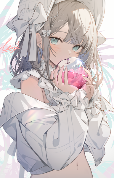 Anime picture 1155x1800 with original ikomochi single long hair tall image looking at viewer fringe smile holding upper body aqua eyes grey hair girl bow hair bow hat earrings heart fruit apple