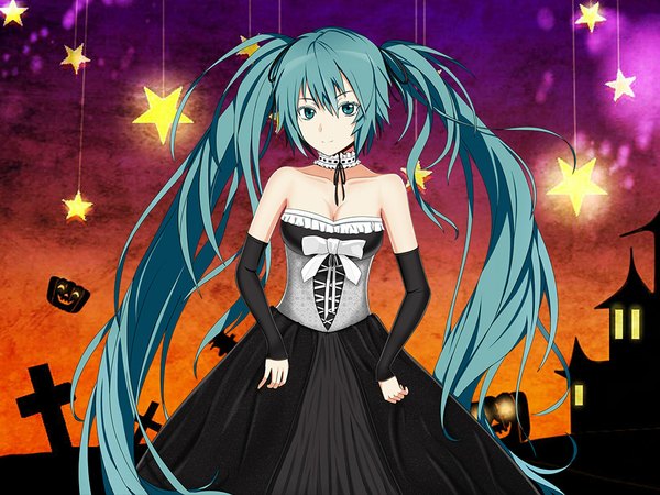Anime picture 1000x751 with vocaloid hatsune miku lemoo single looking at viewer twintails very long hair aqua eyes aqua hair halloween girl dress detached sleeves star (symbol)