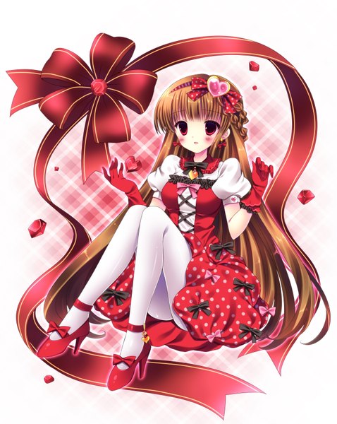 Anime picture 2700x3391 with original kouta. single long hair tall image blush highres red eyes brown hair girl dress gloves bow frills heart hairband