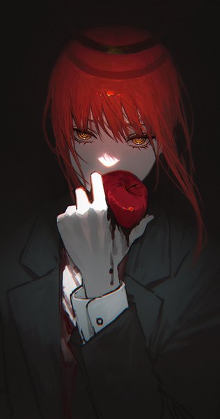Anime-Bild 1000x1900 mit chainsaw man mappa makima (chainsaw man) solraka single long hair tall image looking at viewer simple background yellow eyes upper body red hair black background covered mouth girl halo fruit suit apple