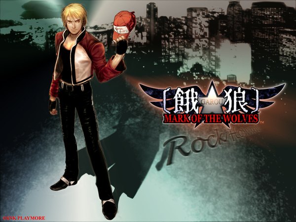 Anime picture 1024x768 with fatal fury rock howard single short hair blonde hair red eyes cityscape boy gloves jacket fingerless gloves flat cap jeans