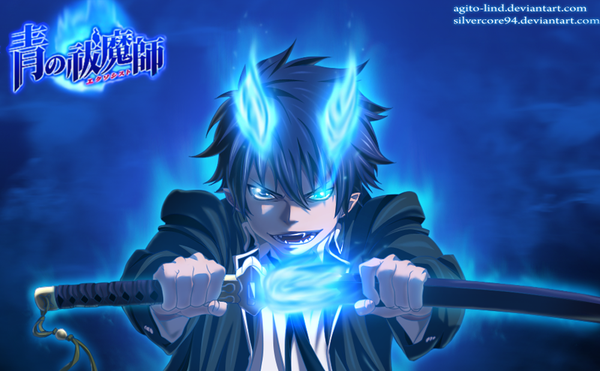 Anime picture 1000x619 with ao no exorcist a-1 pictures okumura rin aagito single short hair open mouth blue eyes black hair smile wide image pointy ears inscription coloring magic glowing hieroglyph glowing eye (eyes) boy weapon