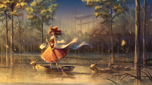 Anime picture 1920x1080 with touhou hakurei reimu ji dao ji single long hair looking at viewer highres brown hair wide image holding brown eyes full body traditional clothes japanese clothes wind sunlight night wide sleeves shadow wallpaper