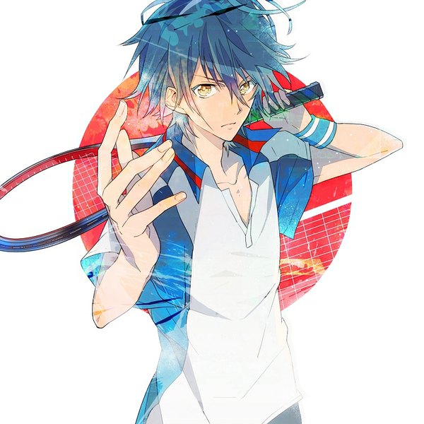 Anime picture 800x801 with prince of tennis echizen ryoma nic (kevin) single tall image fringe short hair simple background white background yellow eyes blue hair open collar outstretched hand boy uniform gym uniform tennis racket