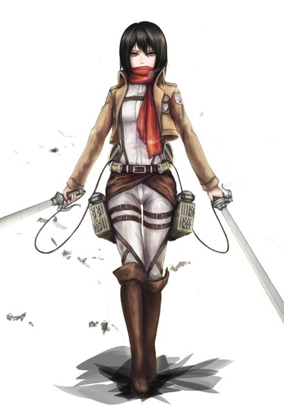 Anime picture 1000x1464 with shingeki no kyojin production i.g mikasa ackerman luvsyung single tall image looking at viewer short hair black hair holding grey eyes spread arms silver eyes dual wielding girl weapon sword jacket boots scarf