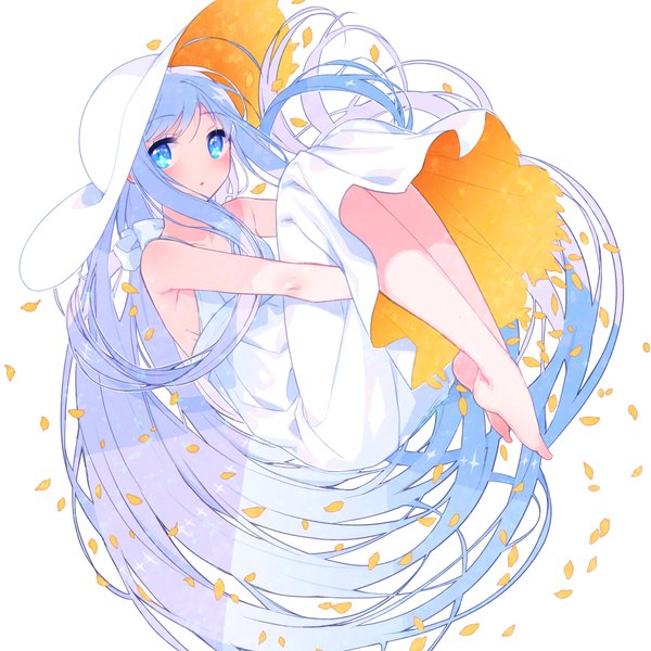 Anime picture 1200x1200 with original donacoo single looking at viewer blush blue eyes white background bare shoulders blue hair very long hair girl dress hat petals sundress