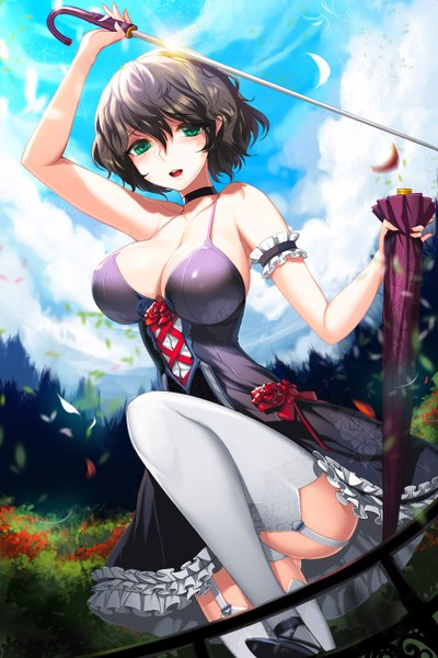 Anime picture 1000x1500 with sword girls lesnoa (sword girls) snowball22 single tall image looking at viewer blush highres short hair breasts open mouth light erotic black hair large breasts bare shoulders green eyes sky cleavage cloud (clouds) leg lift (legs lift)