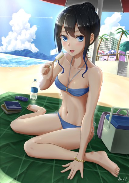 Anime picture 2580x3643 with original kayama kouji single long hair tall image looking at viewer blush fringe highres open mouth blue eyes light erotic black hair hair between eyes sitting bare shoulders holding signed payot sky