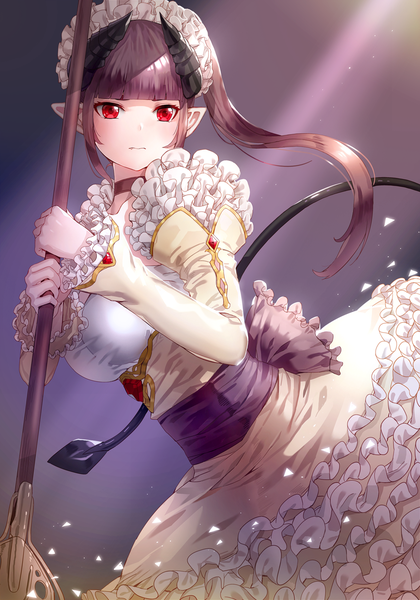 Anime picture 823x1175 with kfr single long hair tall image blush red eyes brown hair standing holding purple hair tail long sleeves horn (horns) pointy ears leaning side ponytail light demon girl demon tail serious