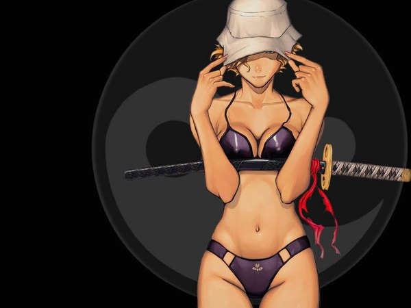 Anime picture 1024x768 with light erotic blonde hair nipples swimsuit hat bikini sword katana black bikini