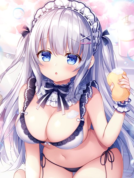 Anime picture 750x1000 with original mitsuba choco single long hair tall image looking at viewer blush fringe breasts open mouth blue eyes light erotic large breasts bare shoulders holding payot cleavage silver hair indoors blunt bangs
