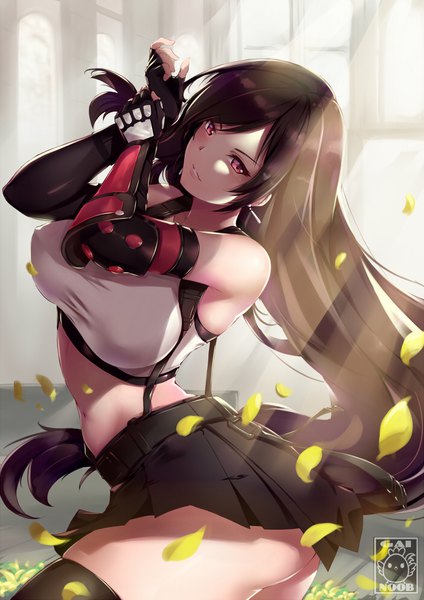 Anime picture 700x990 with final fantasy final fantasy vii final fantasy vii remake square enix tifa lockhart gainoob single long hair tall image looking at viewer blush breasts light erotic brown hair large breasts signed ass indoors pleated skirt pink eyes