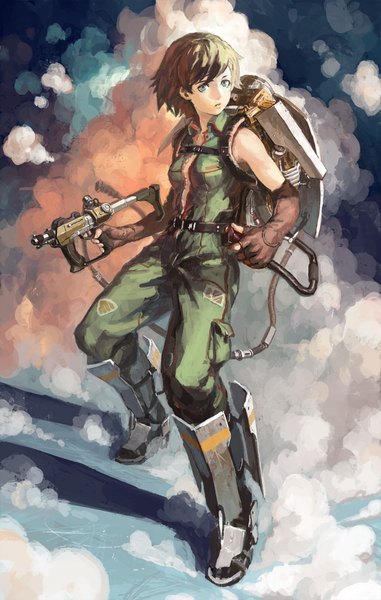 Anime picture 651x1024 with original arata yokoyama single tall image looking at viewer short hair blue eyes brown hair shadow smoke girl gloves weapon boots fingerless gloves backpack overalls