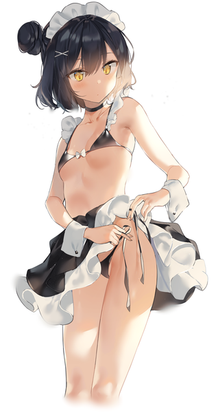 Anime picture 1151x2169 with original sabet (young ouo) single tall image blush fringe short hair breasts light erotic black hair simple background hair between eyes standing white background yellow eyes looking down tying girl hair ornament swimsuit