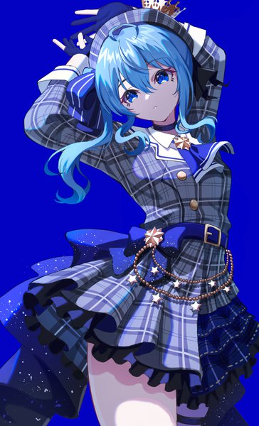 Anime picture 2377x3920 with virtual youtuber hololive hoshimachi suisei hoshimachi suisei (1st costume) pension z single long hair tall image fringe highres blue eyes simple background hair between eyes blue hair looking away arms up side ponytail blue background girl dress