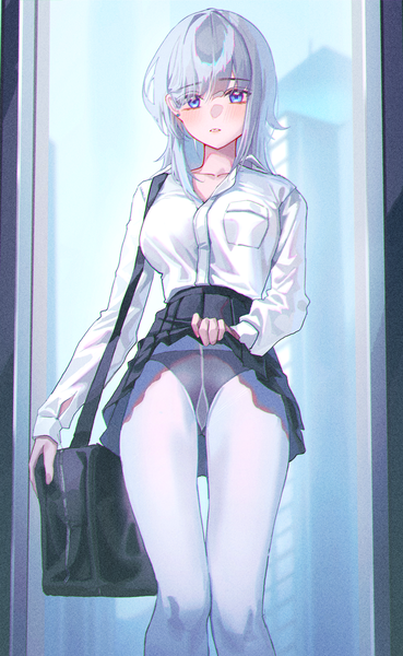 Anime picture 3092x5025 with original domi (hyaku8795) single long hair tall image looking at viewer blush fringe highres blue eyes light erotic standing absurdres blunt bangs long sleeves parted lips grey hair thigh gap skirt lift anaglyph