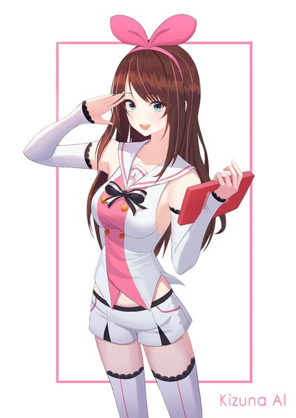 Anime picture 1000x1412 with virtual youtuber a.i. channel kizuna ai jayamon single long hair tall image looking at viewer blush fringe breasts open mouth simple background smile brown hair standing white background bare shoulders holding payot