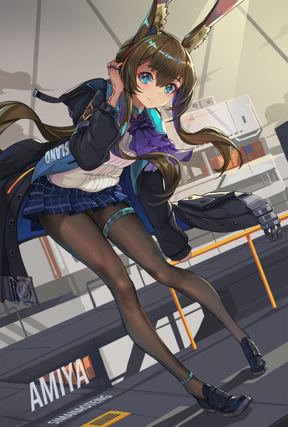 Anime picture 1618x2400 with arknights amiya (arknights) sima naoteng single long hair tall image looking at viewer blush fringe blue eyes hair between eyes brown hair signed animal ears full body pleated skirt leaning bunny ears leaning forward text