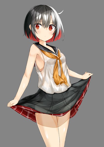 Anime picture 800x1131 with original kavka single tall image fringe short hair light erotic black hair simple background hair between eyes red eyes standing signed looking away ahoge red hair pleated skirt multicolored hair grey background two-tone hair