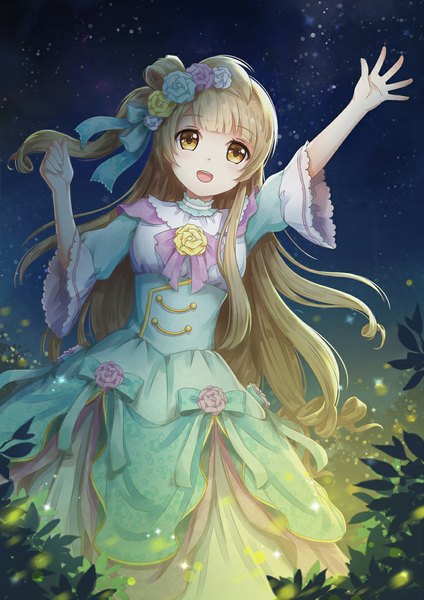 Anime picture 827x1169 with love live! school idol project sunrise (studio) love live! minami kotori kyomono (hjxop) single long hair tall image fringe open mouth brown hair brown eyes looking away hair flower night night sky one side up outstretched arm drill hair girl