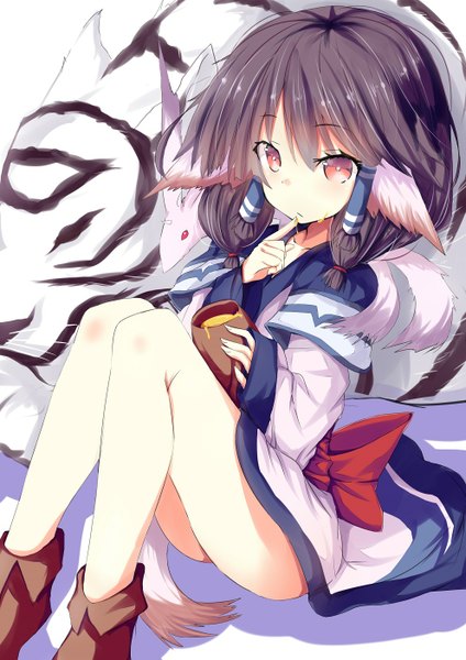 Anime picture 992x1403 with utawareru mono eruruw hizaka tall image looking at viewer fringe short hair light erotic brown hair twintails animal ears bent knee (knees) eyes closed pink eyes bare legs finger to mouth short twintails sleeping food on face girl