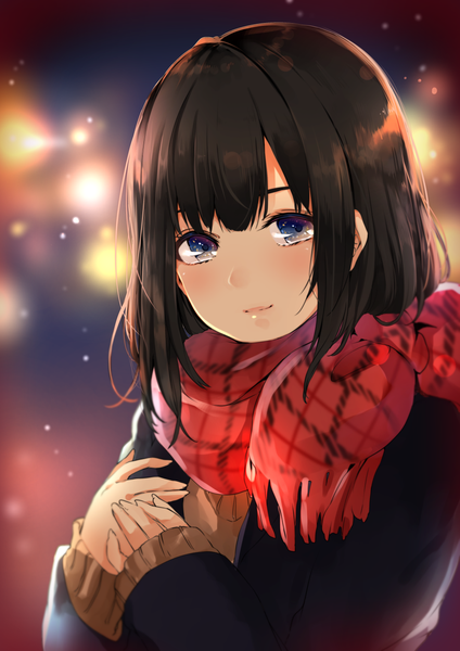 Anime picture 1000x1414 with original akit (15jamjam) single tall image looking at viewer blush fringe short hair blue eyes black hair upper body girl uniform school uniform scarf red scarf plaid scarf