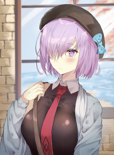 Anime picture 2197x2984 with fate (series) fate/grand order mash kyrielight crying eye single tall image blush fringe highres short hair breasts large breasts purple eyes looking away upper body outdoors blurry hair over one eye off shoulder open jacket