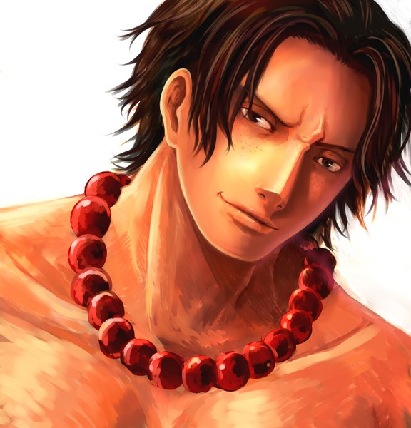 Anime picture 1000x1041 with one piece toei animation portgas d. ace yumiyokiak single tall image looking at viewer short hair simple background brown hair white background brown eyes light smile portrait topless frown freckles boy necklace