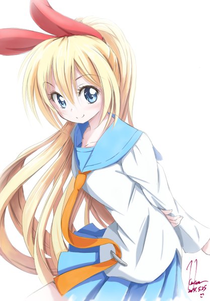 Anime picture 1000x1435 with nisekoi shaft (studio) kirisaki chitoge kem kem single long hair tall image looking at viewer blush blue eyes blonde hair smile white background ponytail girl uniform bow hair bow school uniform necktie